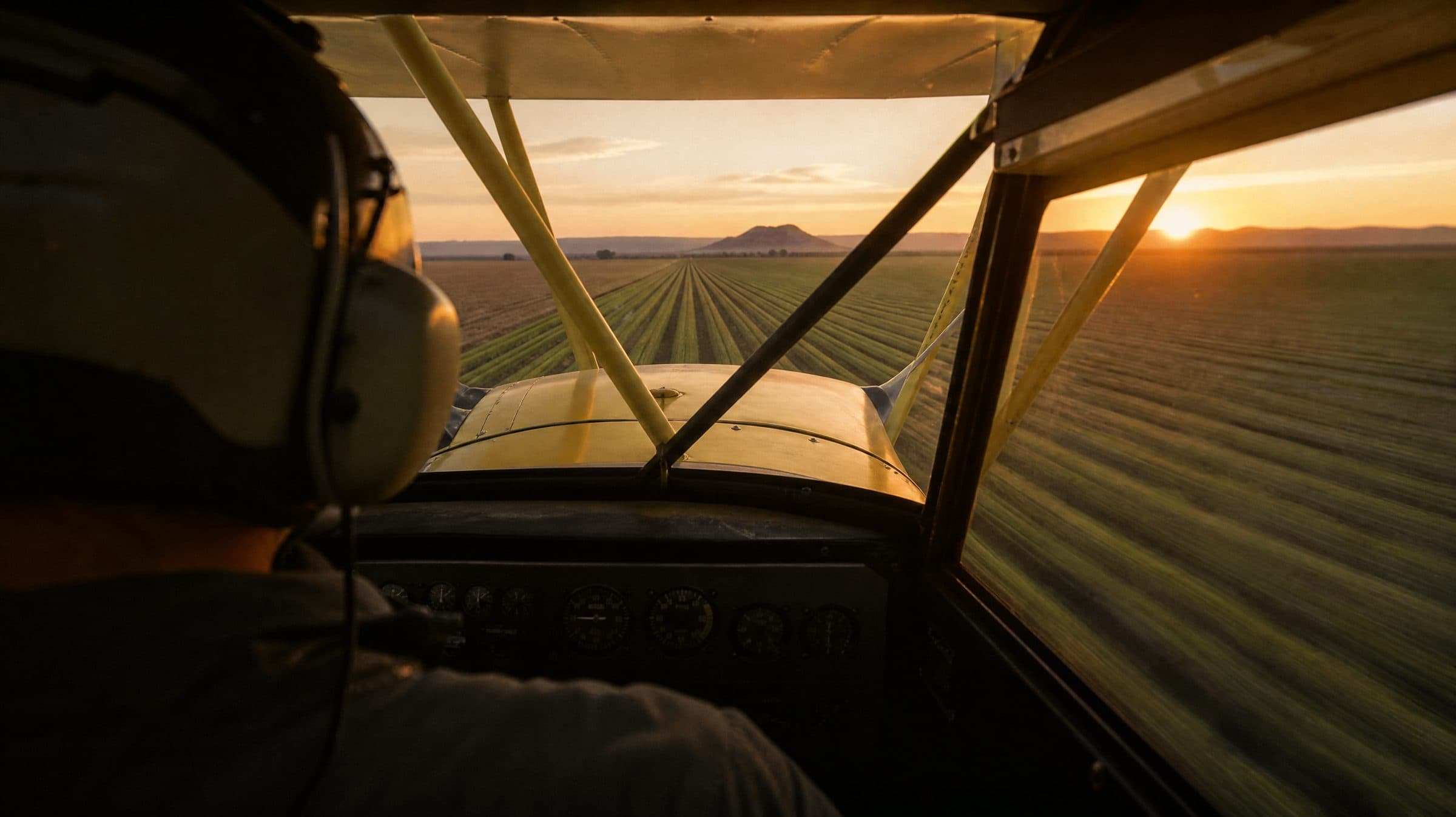 View from behind the pilot over a crop field