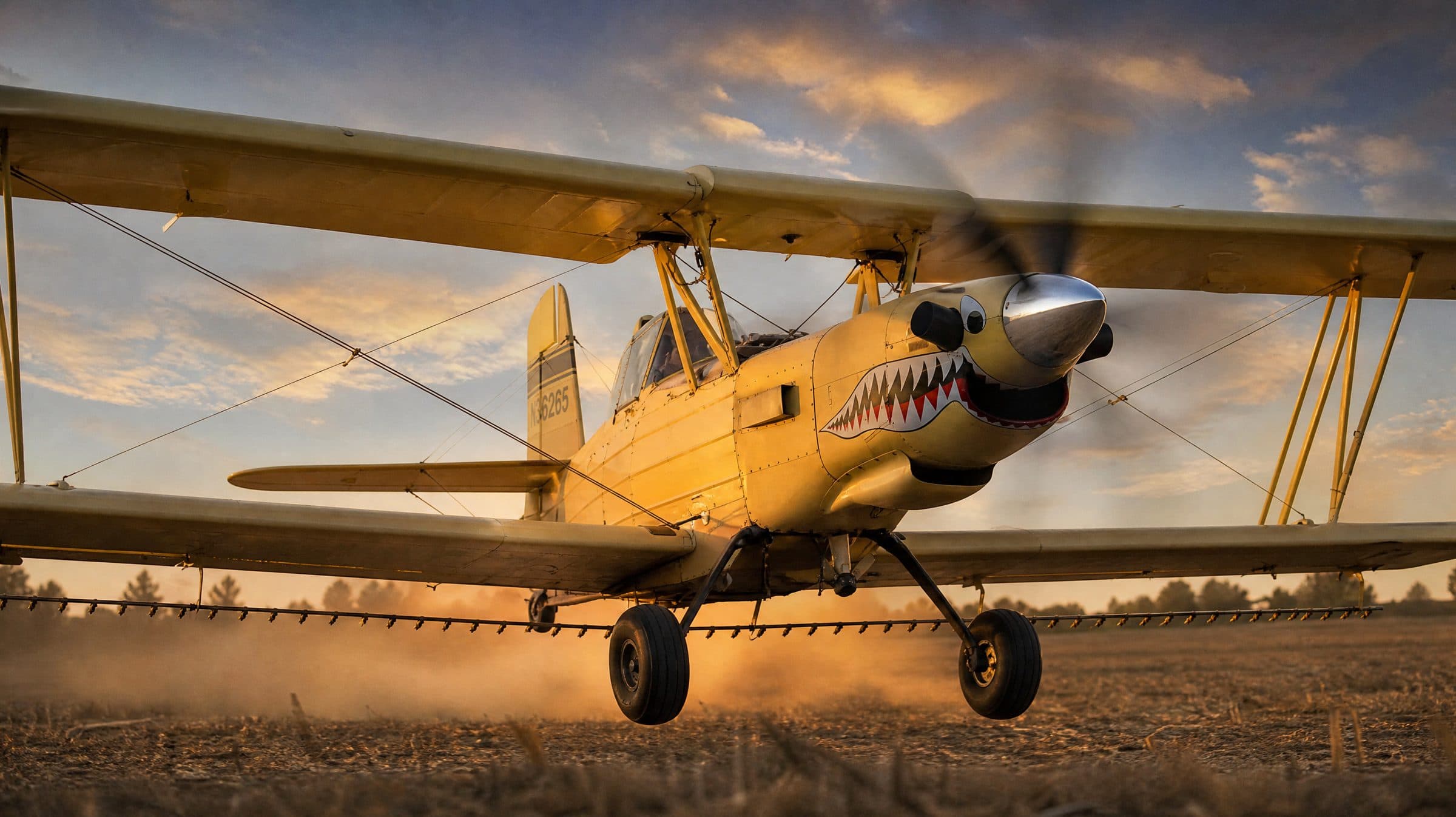 Ag Cat with shark-mouth nose art flying low toward the camera over a field