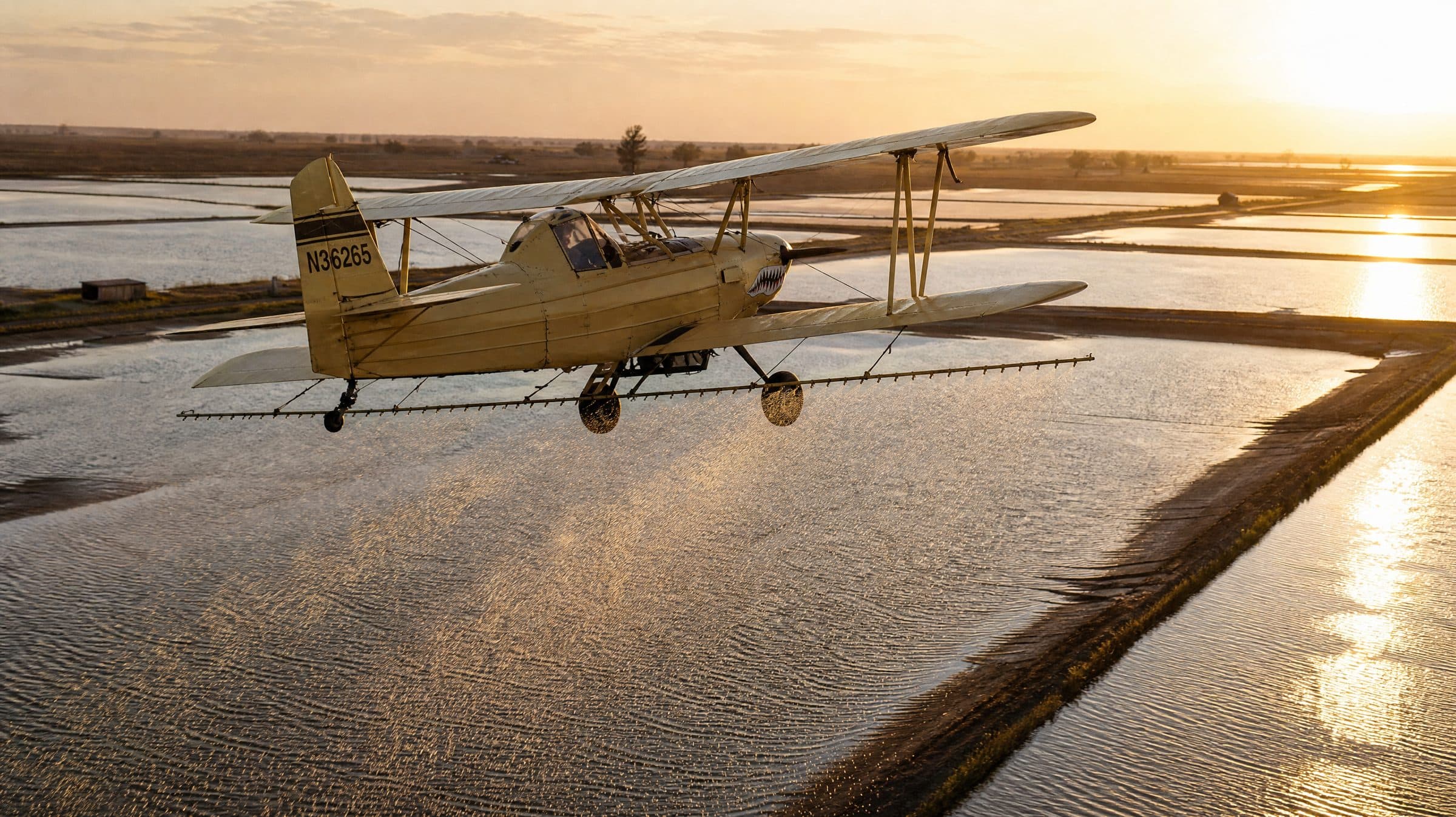 Yellow Ag Cat biplane flying low over flooded rice checks during aerial seeding